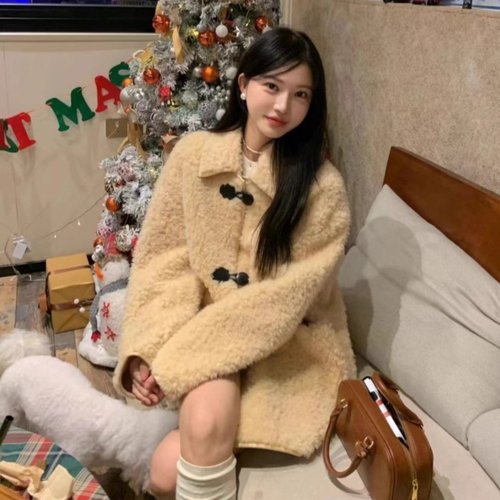 皮毛一体羊羔毛外套女中长款