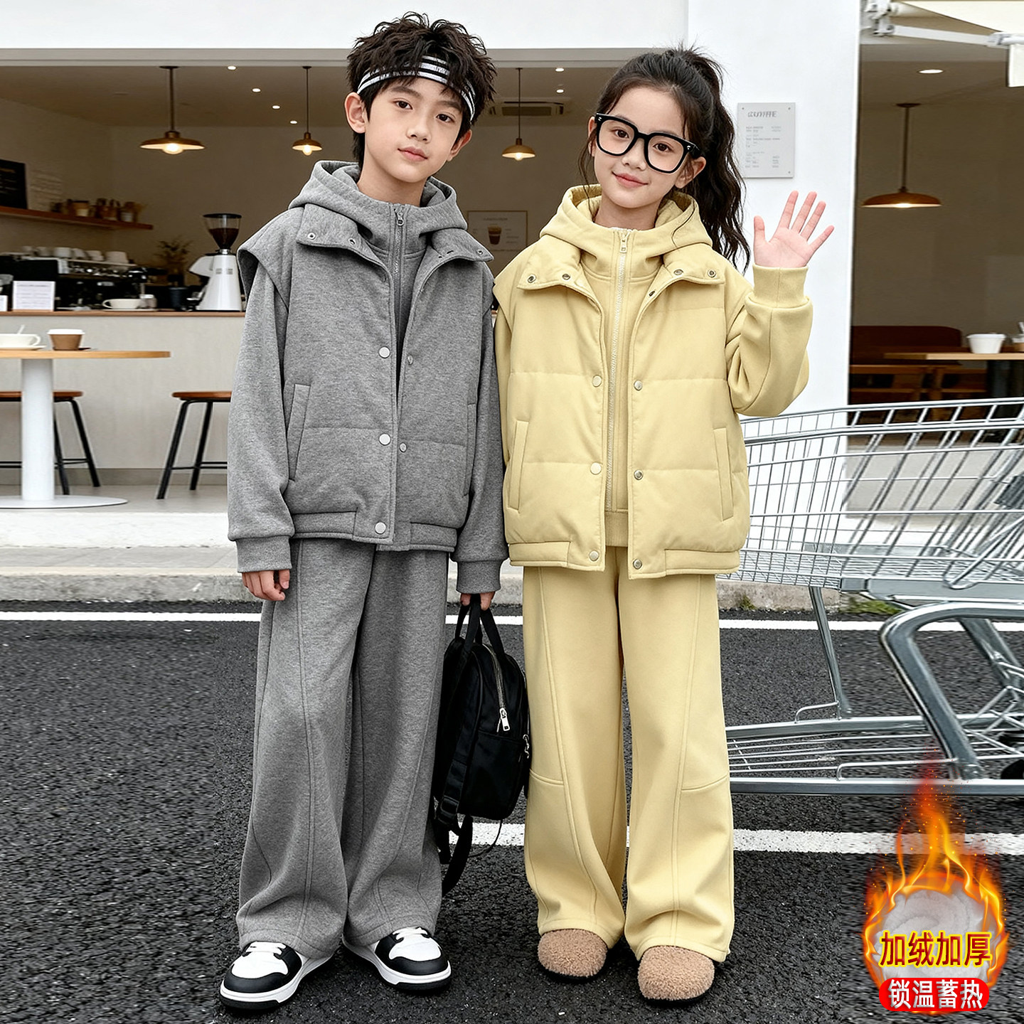 儿童装男童冬装加绒套装2026新款中大童秋冬季加厚女童帅气三件套