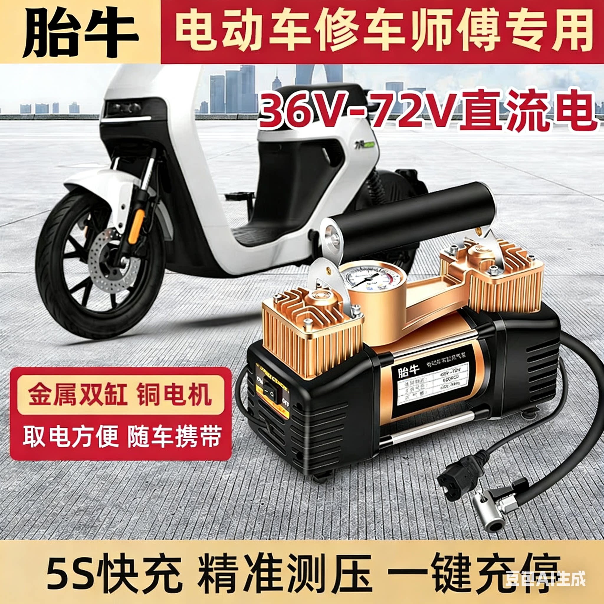 电瓶电动车充气泵48v60v72v三轮车家用便携式真空轮胎双缸打气筒