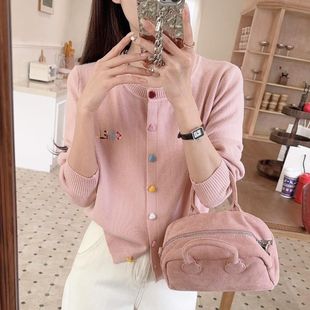 2025年新款 百搭上衣 彩色纽扣圆领针织外套女高级感灰色毛衣开衫