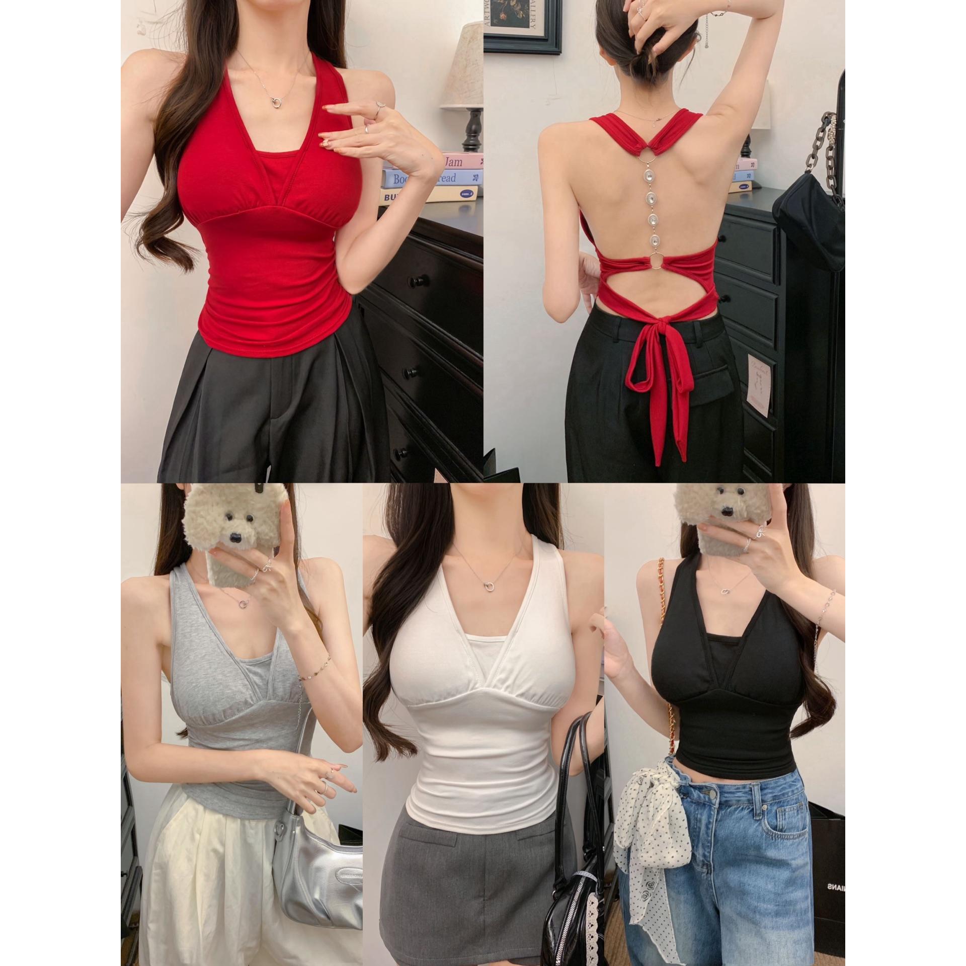 辣妹挂脖绑带吊带背心女夏外穿带胸垫设计感泰式独特性感露背上衣
