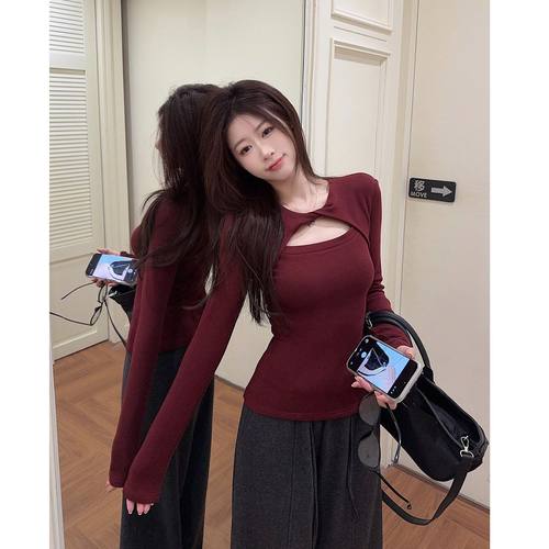 扭结镂空T恤女秋冬季2026新款灰色修身长袖内搭打底衫纯欲风上衣