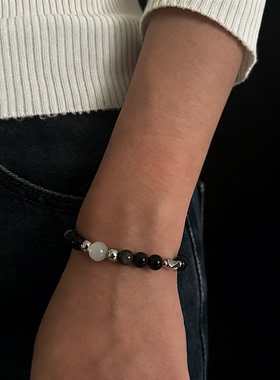 nojob vintage古着「云间墨影」猫眼银黑曜石可调节手链男配饰女