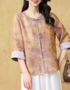 新中式妈妈春装衬衫外套高档大气中老年女装复古国风盘扣提花上衣