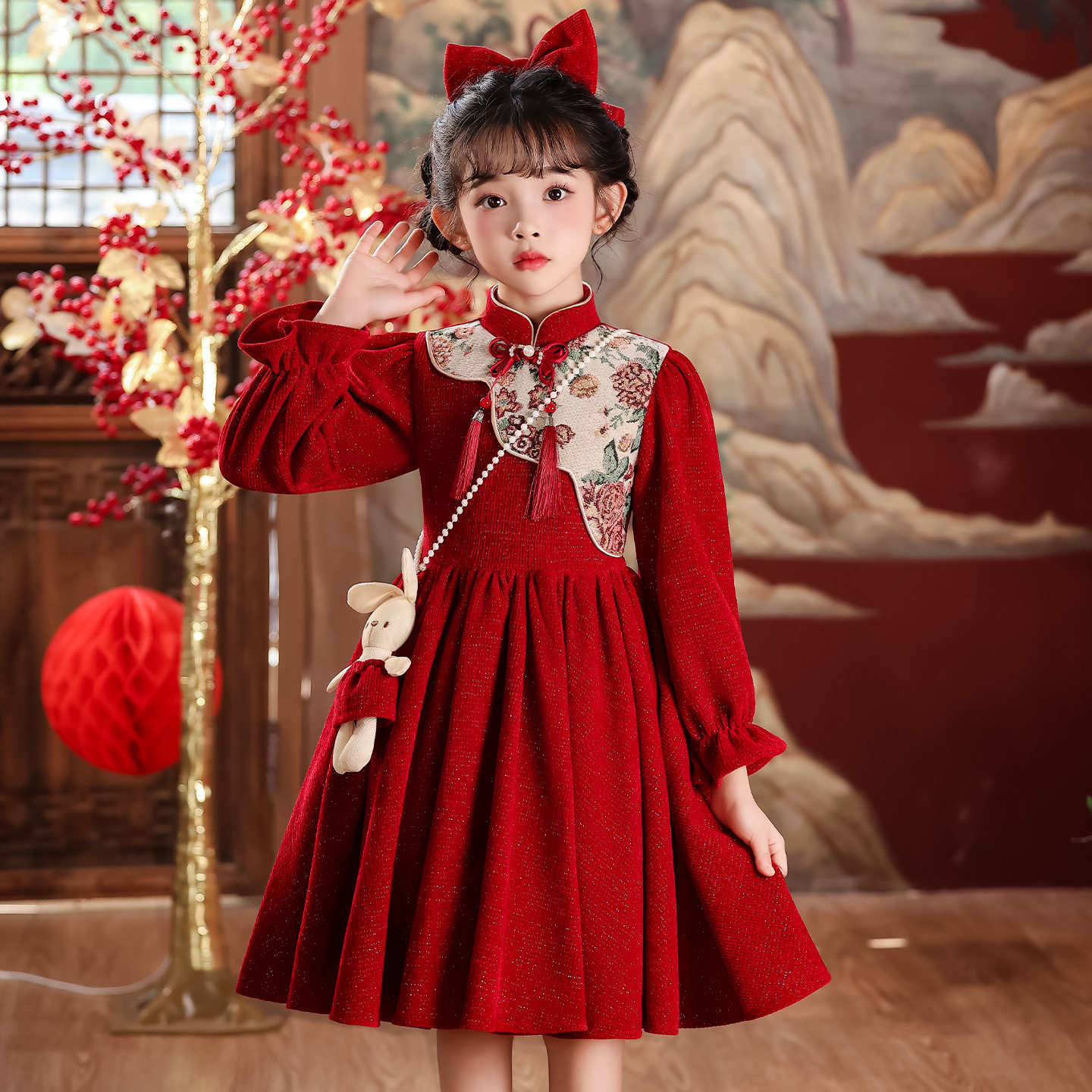 女童连衣裙秋冬2026新款小女孩中国风洋气新年装儿童红色公主裙子