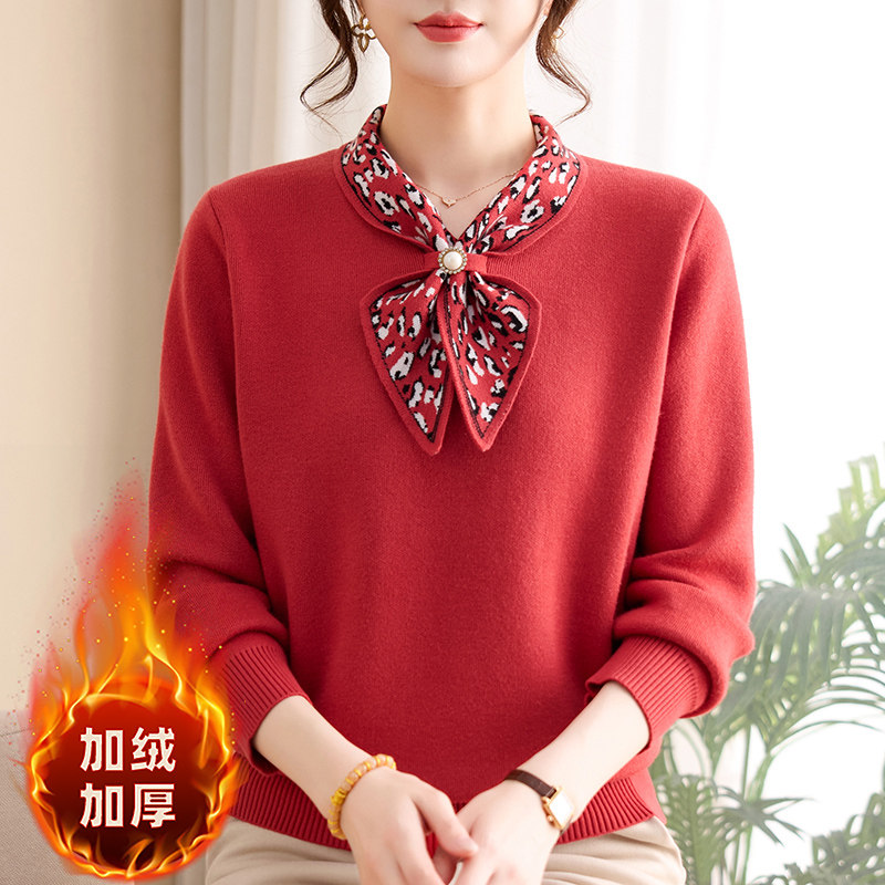 秋冬中老年加绒加厚蝴蝶结毛衣女