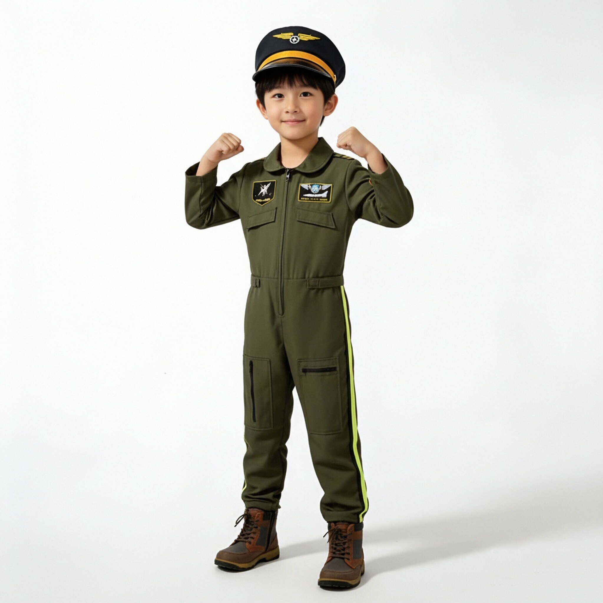 儿童节飞行员cos服军装男童军绿色舞台表演服装演出服套装连体衣