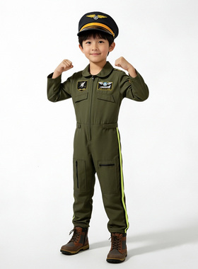 儿童节飞行员cos服军装男童军绿色舞台表演服装演出服套装连体衣