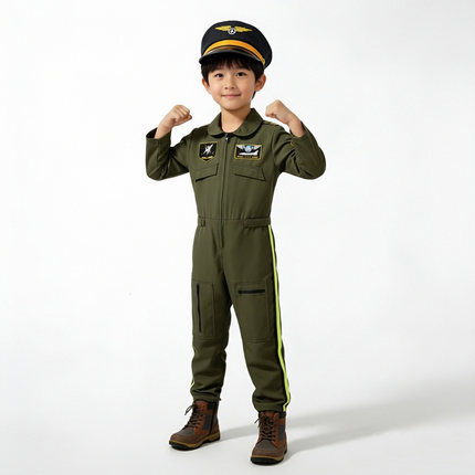 儿童节飞行员cos服军装男童军绿色舞台表演服装演出服套装连体衣