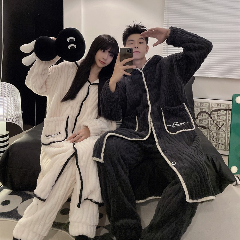 冬季情侣珊瑚绒睡衣女款加厚浴袍男女士睡袍中长款简约家居服套装