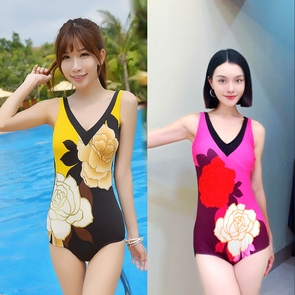 高档富贵幸运牡丹女士连体钢托大码三角泳衣聚拢包臀显瘦游泳温泉