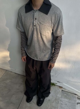 ShhhShh | 假两件Polo长袖棉麻T恤 条纹拼接