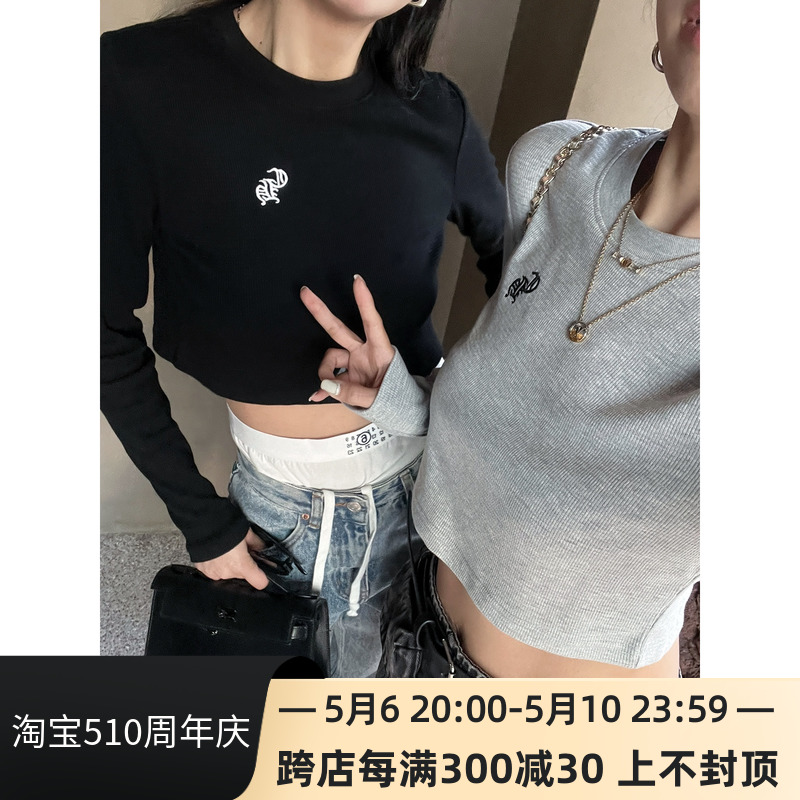 MAKI STUDIO 克罗xin华夫格短款百搭长袖T恤女 黑/灰2色 版型超正 女装/女士精品 T恤 原图主图