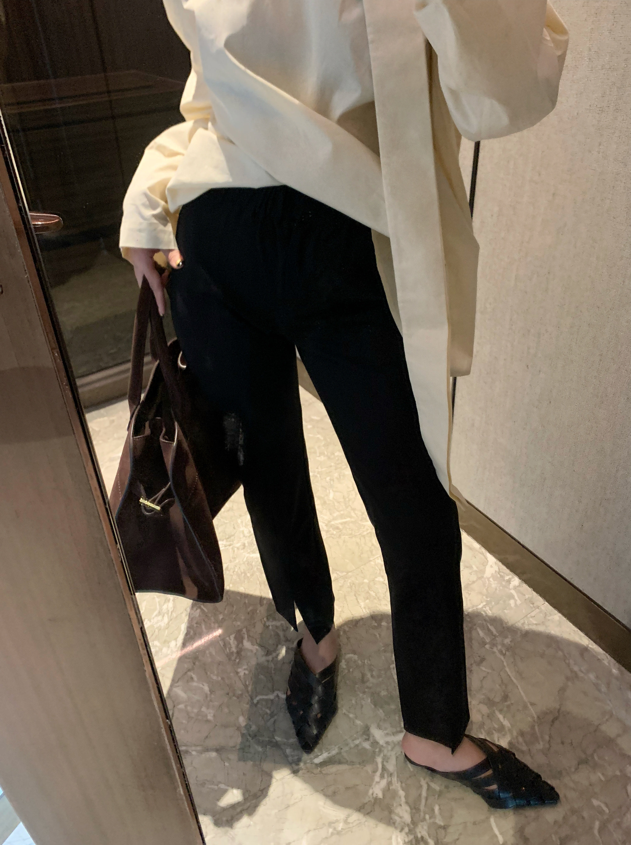 840#黑色高腰直筒开衩裤脚口休闲裤女秋季新款显瘦百搭九分长裤