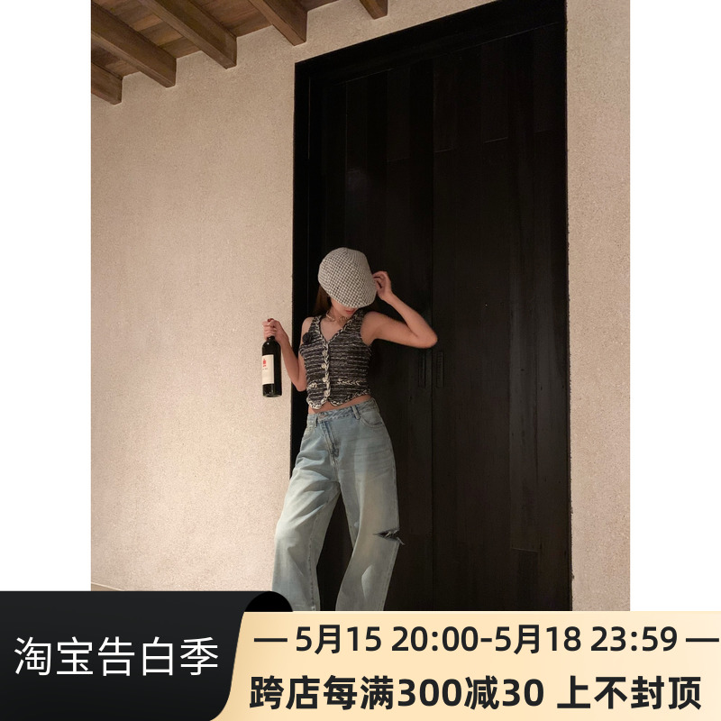 个性时尚新款斜门襟破洞牛仔裤宽松百搭高腰直筒做旧高街女长裤