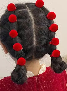 新年儿童红色高弹毛球皮筋甜美女童拜年喜庆橡皮筋扎头发拇指发圈