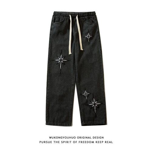 美式潮人闪耀星星烫印牛仔裤炸街男夏季高街百搭潮牌宽松阔腿长裤