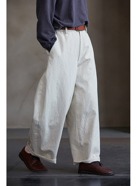 肆·文艺早春复古白色厚款粗棉布松紧腰阔腿裤女