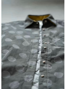 肆·复古灰色波点翻领宽松显瘦大码休闲开襟棉衬衫女