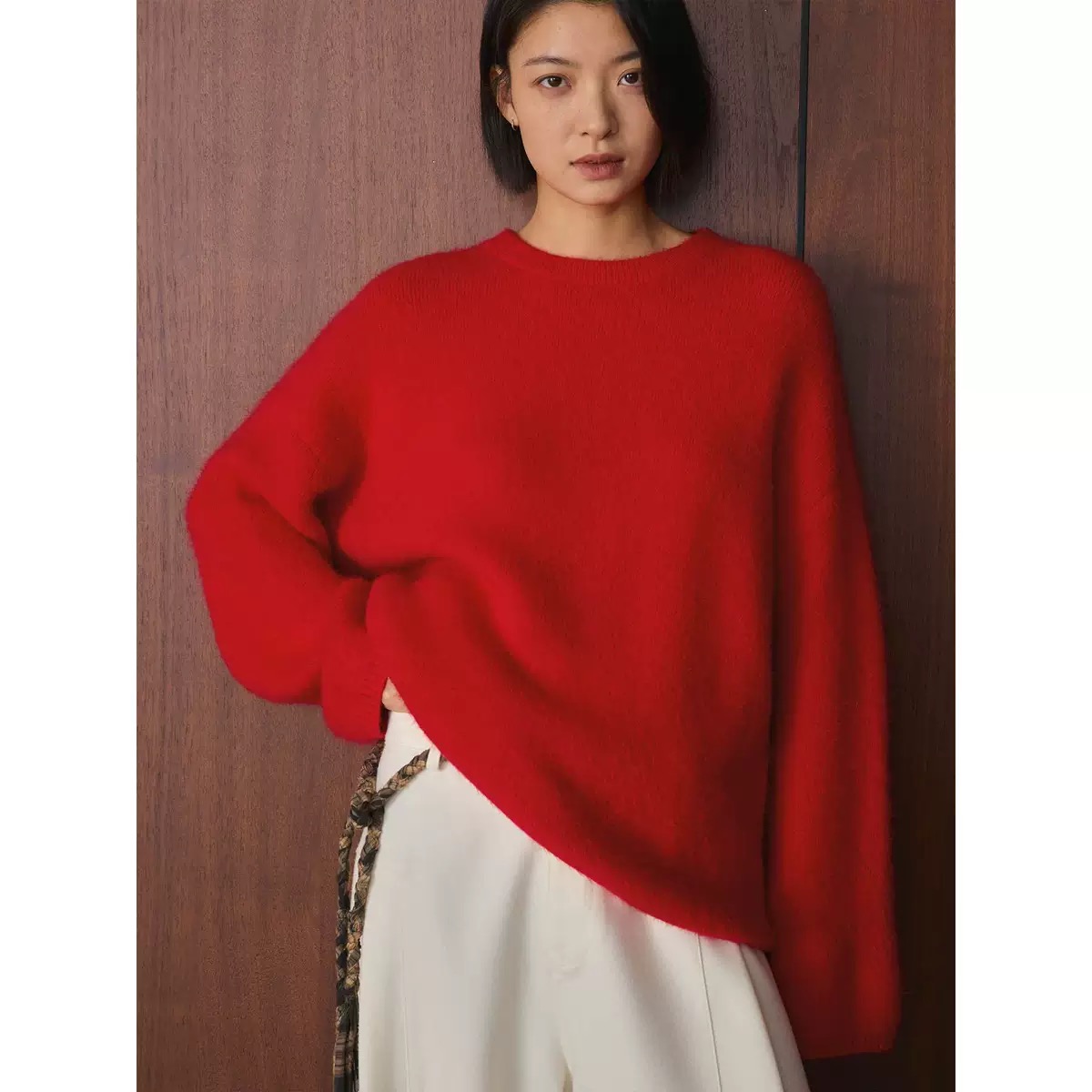 肆·慵懒莼色浣熊线羊毛混纺针织毛衣圆领保暖上衣女