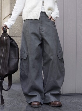 肆·冬季韩系工装口袋深灰色明线设计弯刀抓毛休闲廓形宽松长裤女