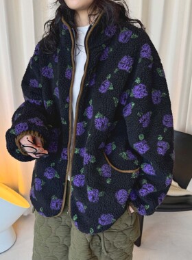 肆·韩系复古立领紫色花朵撞色弧形下摆可调节夹克外套女