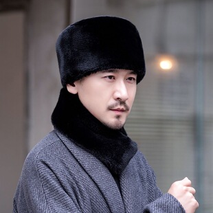 中老年人男士帽子围巾护耳冬季仿貂毛东北加厚保暖爷爷爸爸老头帽