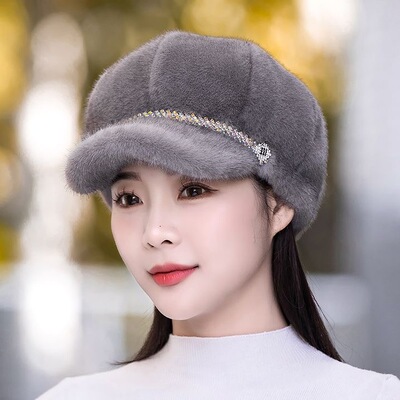 帽子女冬季新款洋气保暖水貂毛绒鸭舌帽百搭时尚韩版护耳贝雷帽