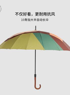 原创插画16骨超泼水实木柄自动加大高颜值网红结实防风长柄雨伞女