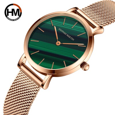 Hannah Martin 日本机芯带石英手表女士玫瑰金绿色孔雀石表盘手表
