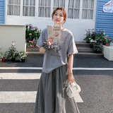 灰色休闲套装女装2025夏季松弛感蕾丝拼接T恤头绳阔腿裤裙两件套，女装连衣裙，时倾STUDIO