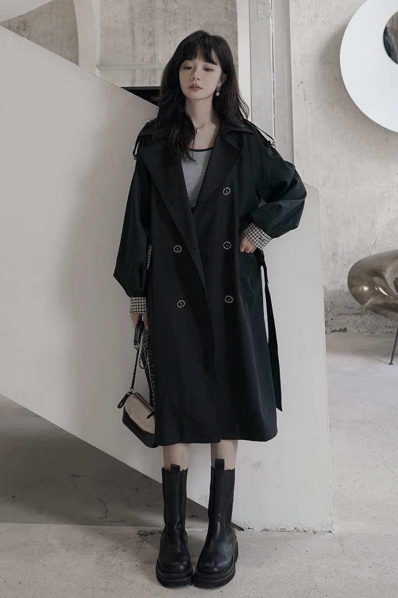 设计感黑色格子风衣女中长款2024年春秋新款气质过膝工装大衣外套,女装风衣,时倾STUDIO