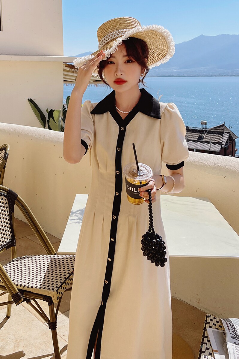 2022夏季新款法式复古镶边连衣裙P95K148,女装连衣裙,时倾STUDIO