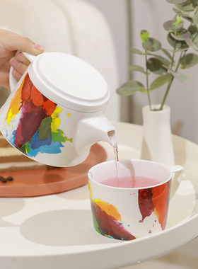 德国产 KONITZ 单人份茶壶茶杯套装艺术图案可堆叠骨瓷品茗杯子