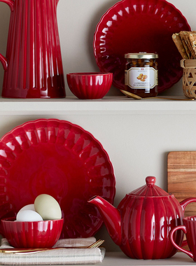 丹麦Bloomingville 红色Latina陶瓷盘子甜品盘大碟子大碗西餐餐具