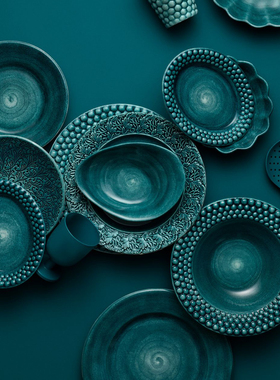 瑞典Mateus海洋色艺术繁复花纹浮雕泡泡圆点陶瓷盘子西餐碟子杯子