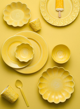 瑞典 Mateus 明媚黄色花瓣造型in风陶瓷盘子西餐碟子咖啡杯碟套装