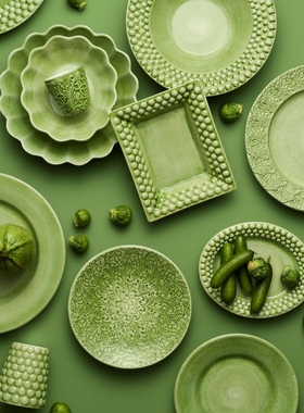 瑞典 Mateus 翠绿色艺术家手工重磅描绘浮雕陶瓷盘子西餐碟子杯子