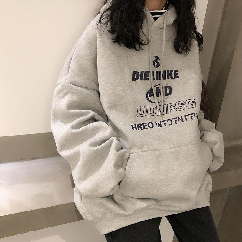 20253219#宽松韩版加绒加厚oversize连帽套头灰色大码卫衣女潮