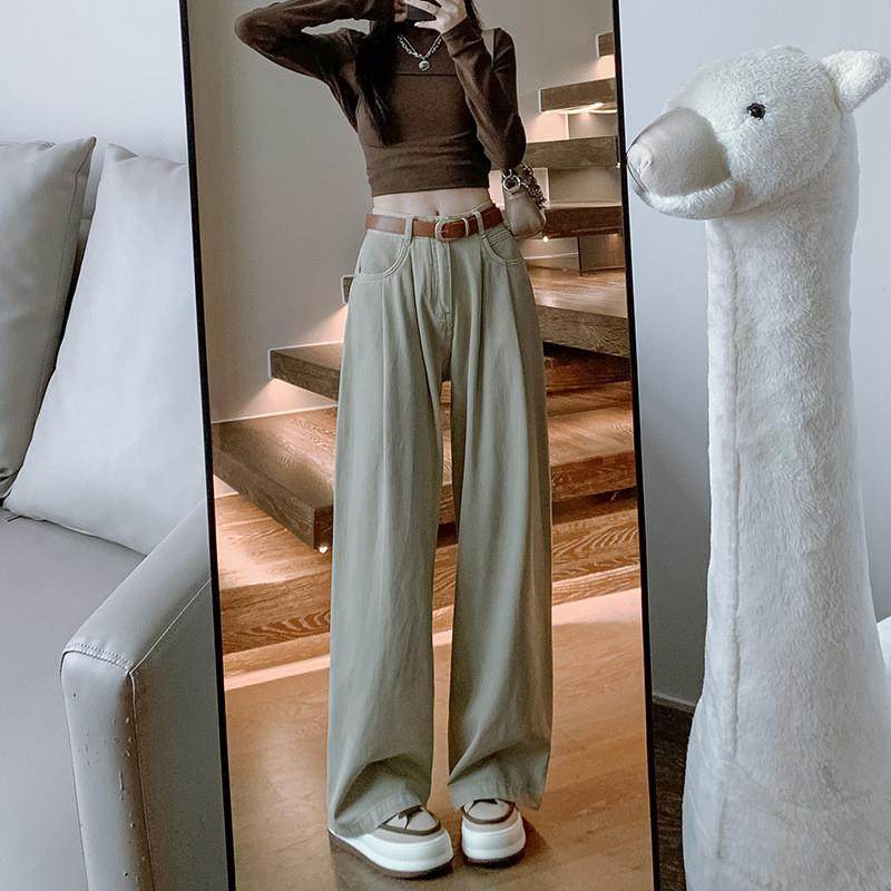 卡其色高腰褶皱阔腿牛仔裤女秋季新款垂感宽松显瘦拖地直筒裤子潮