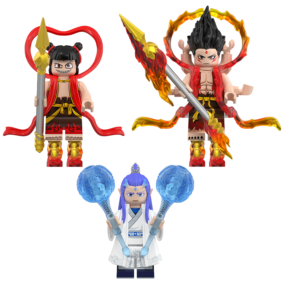 中国积木动漫系列国潮哪吒三头六臂拼插小型人仔积木益智玩具