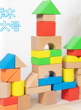 幼儿防吞大块彩色积木益智早教木质大号实木颗粒玩具2-6男女宝宝