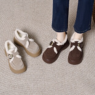 真皮加绒乐福鞋女厚底搭扣毛毛鞋保暖勃肯鞋平底单鞋35-40码