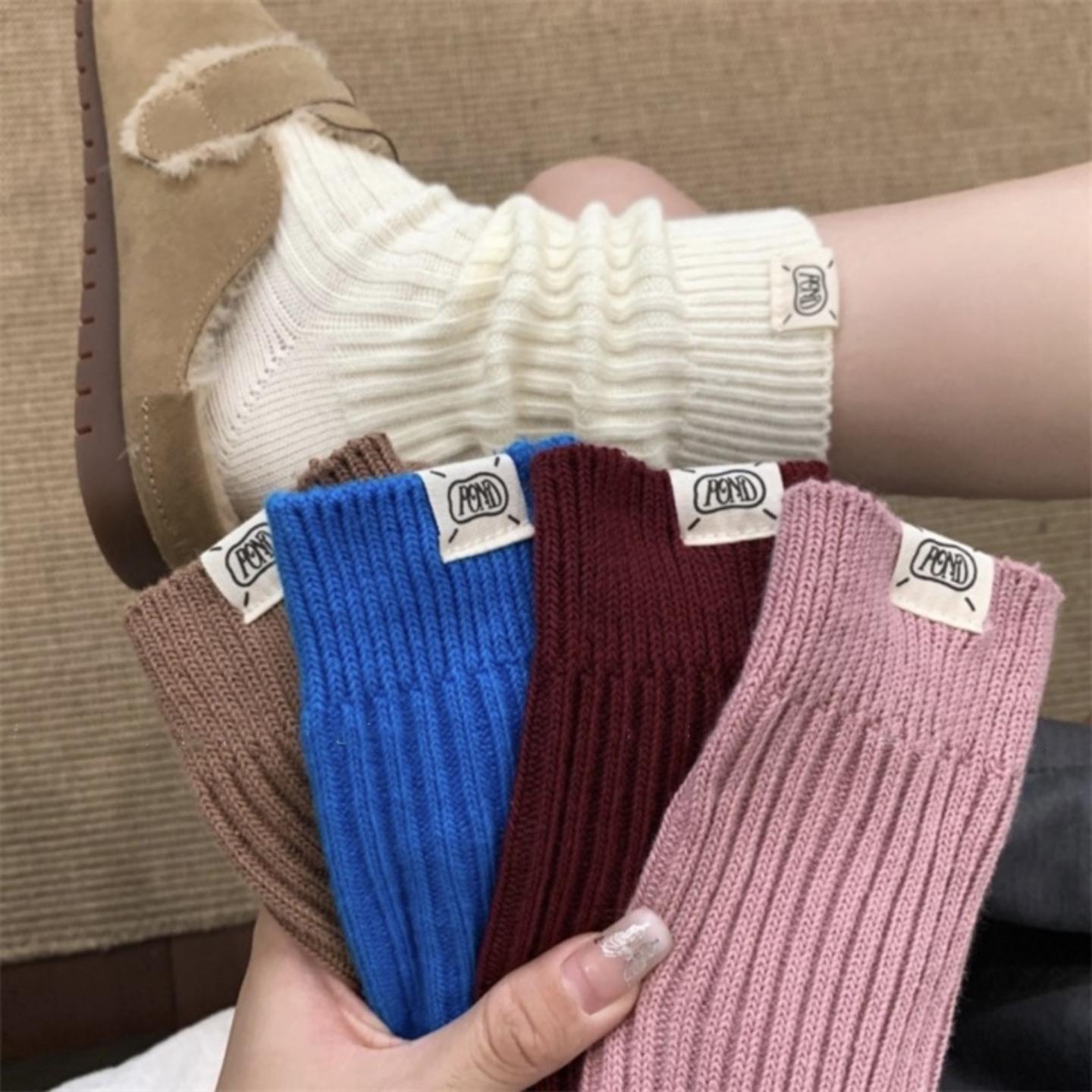 粗线纯色布标堆堆袜女秋冬日系