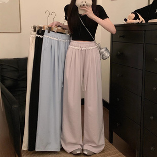 2025新款 个性 花边松紧腰休闲裤 女春季 高腰垂感拖地宽松慵懒长裤