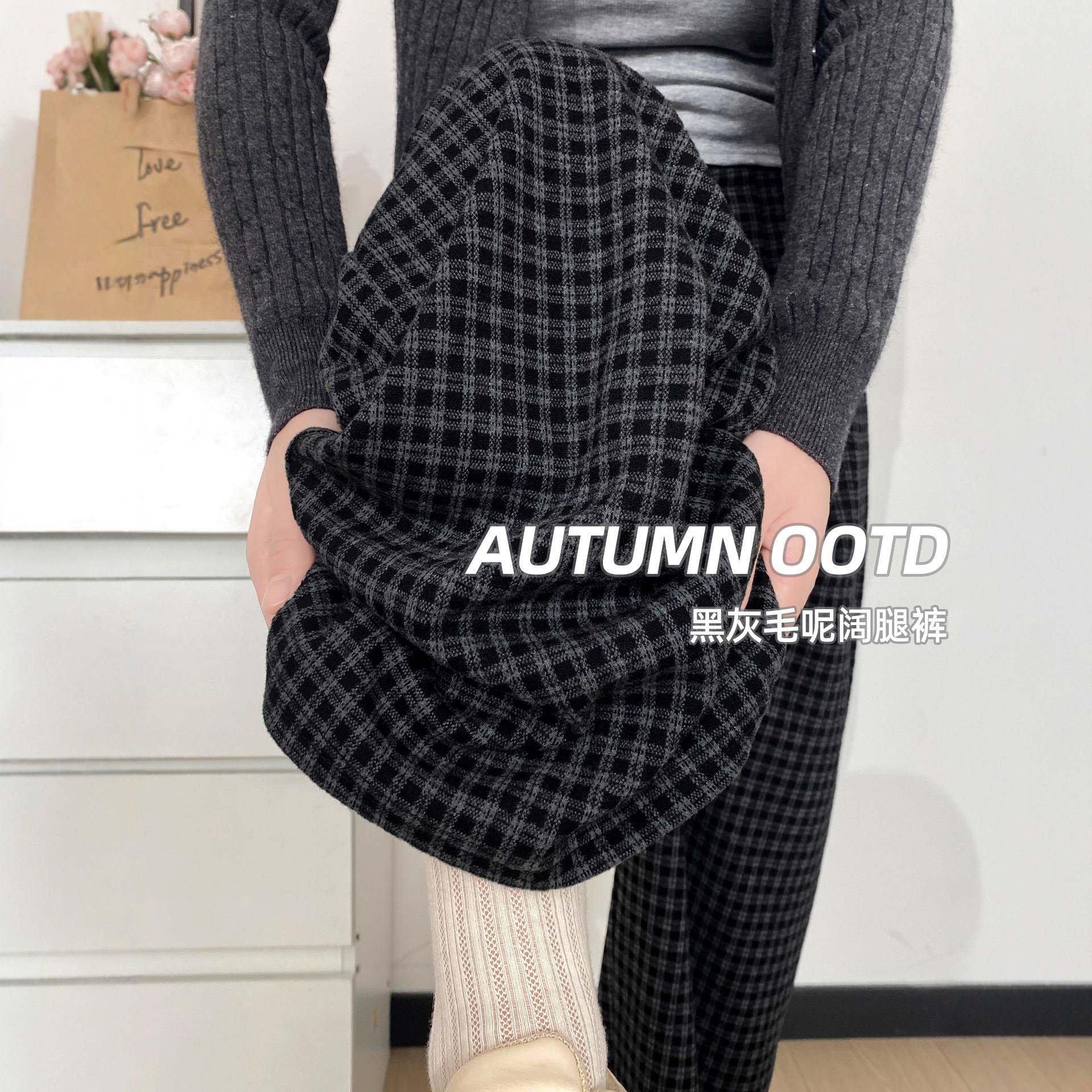 黑灰格毛呢格子裤女秋冬2026时尚抓绒裤