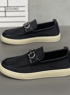 豆豆鞋男2025秋季布面透气新款一脚蹬休闲复古风轻质软底乐福鞋