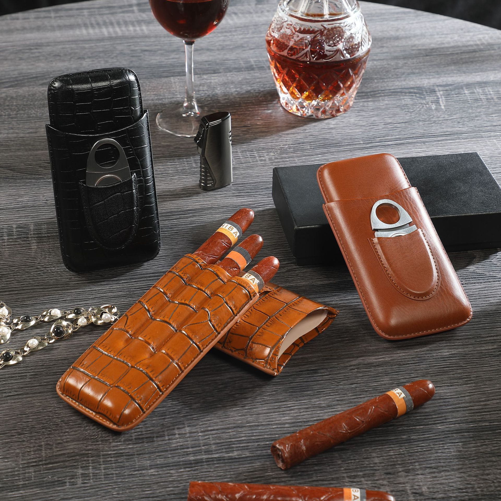 厂家 新款雪茄套 三只装带剪刀配件便捷式保湿套 雪茄盒 醇化烟盒