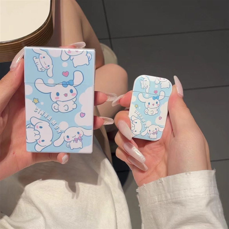 【】同款玉桂狗卡通烟盒加粉色火焰打火机防风高颜值