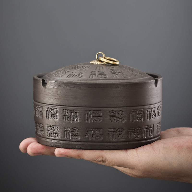 紫砂烟灰缸带盖百福复古高档上档次创意酒店家用客厅茶几防飞灰缸